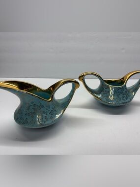 Vintage Pearl China 22K Gold Turquoise Creamer & Sugar Bowl Set
